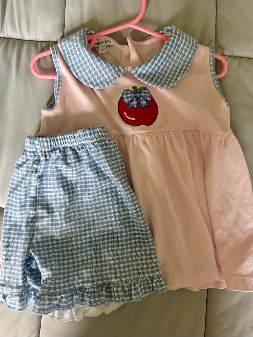 Pink Apple Appliqué Dress with Blue Gingham Collar & Shorts Set